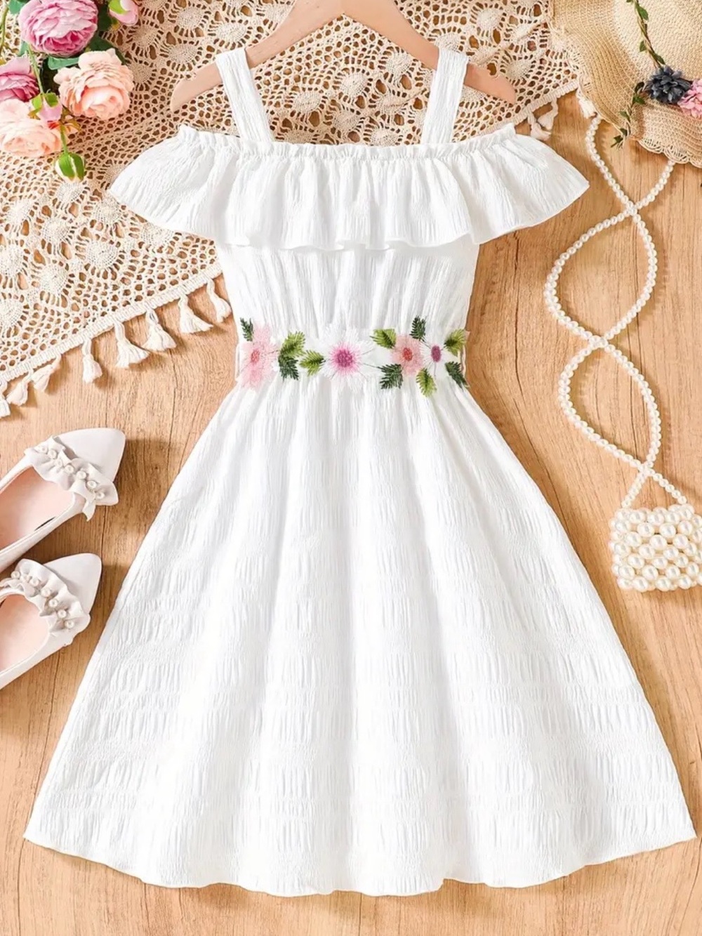 White Off-Shoulder Floral Embroidered Waist Midi Dress